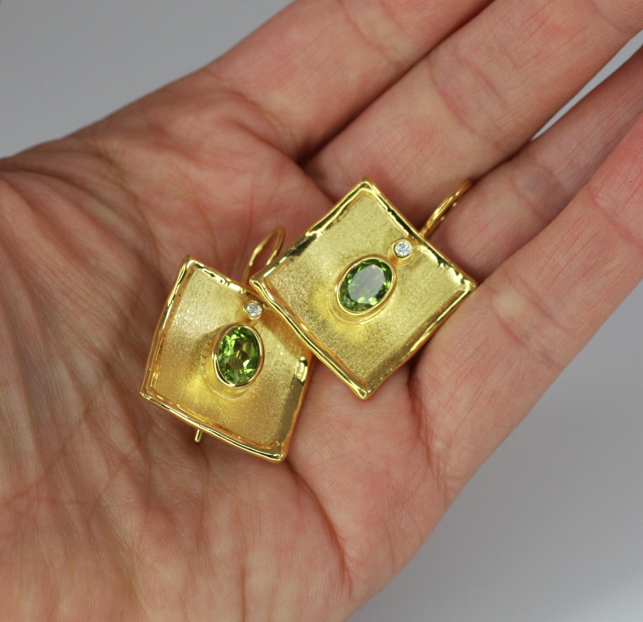 Women's Yianni Creations 18 Karat Gold Earrings with 2.70 Carat Peridot and Diamonds For Sale