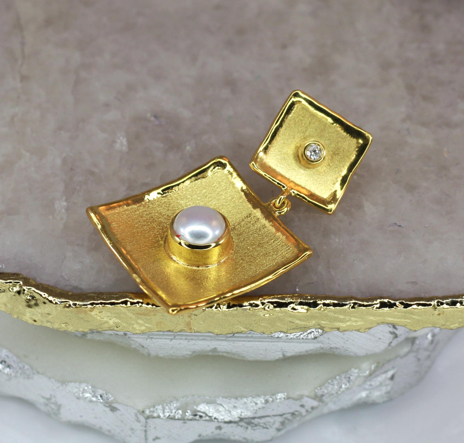 Round Cut Yianni Creations 18 Karat Gold Square Dangle Pendant with Diamond and Pearl