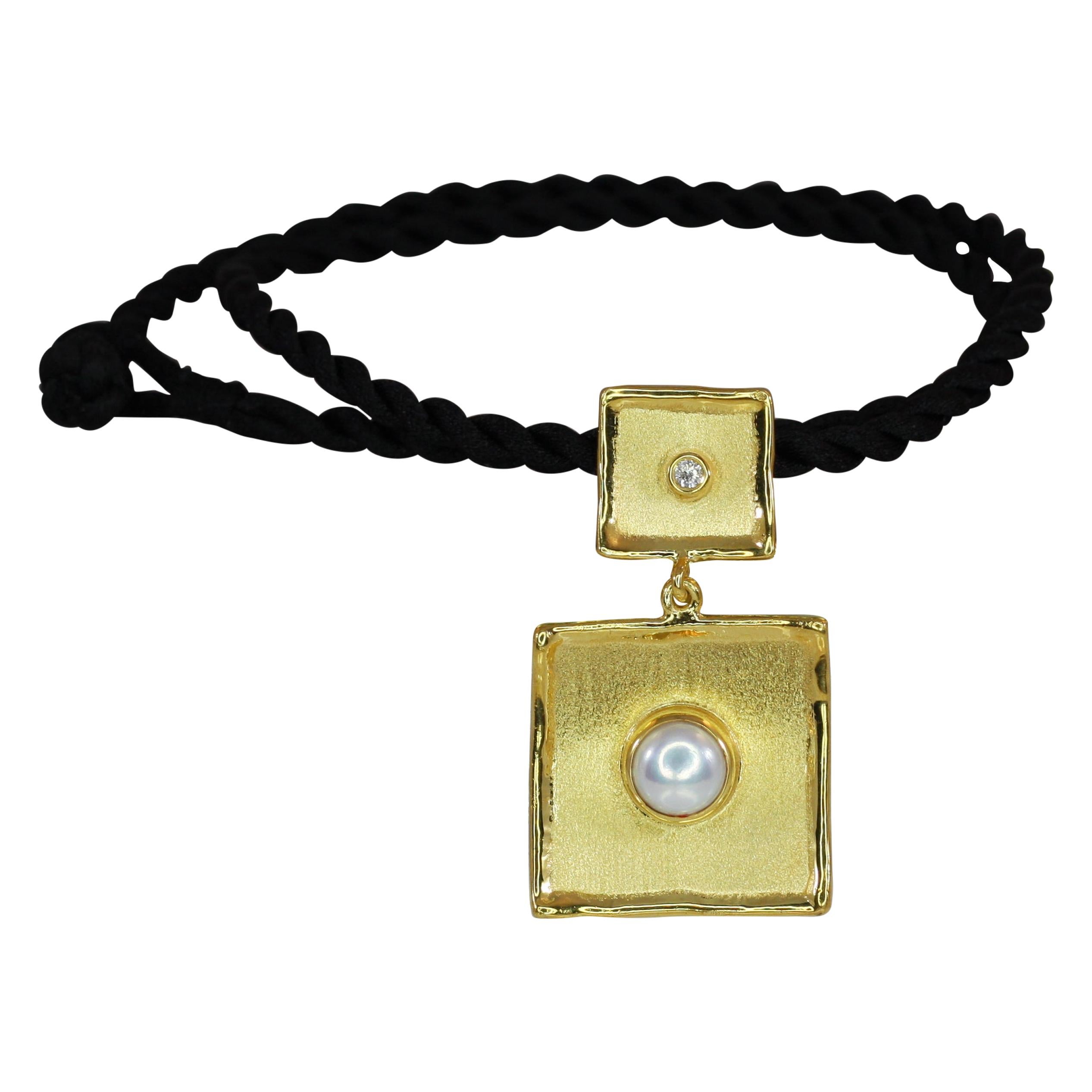 Yianni Creations 18 Karat Gold Square Dangle Pendant with Diamond and Pearl