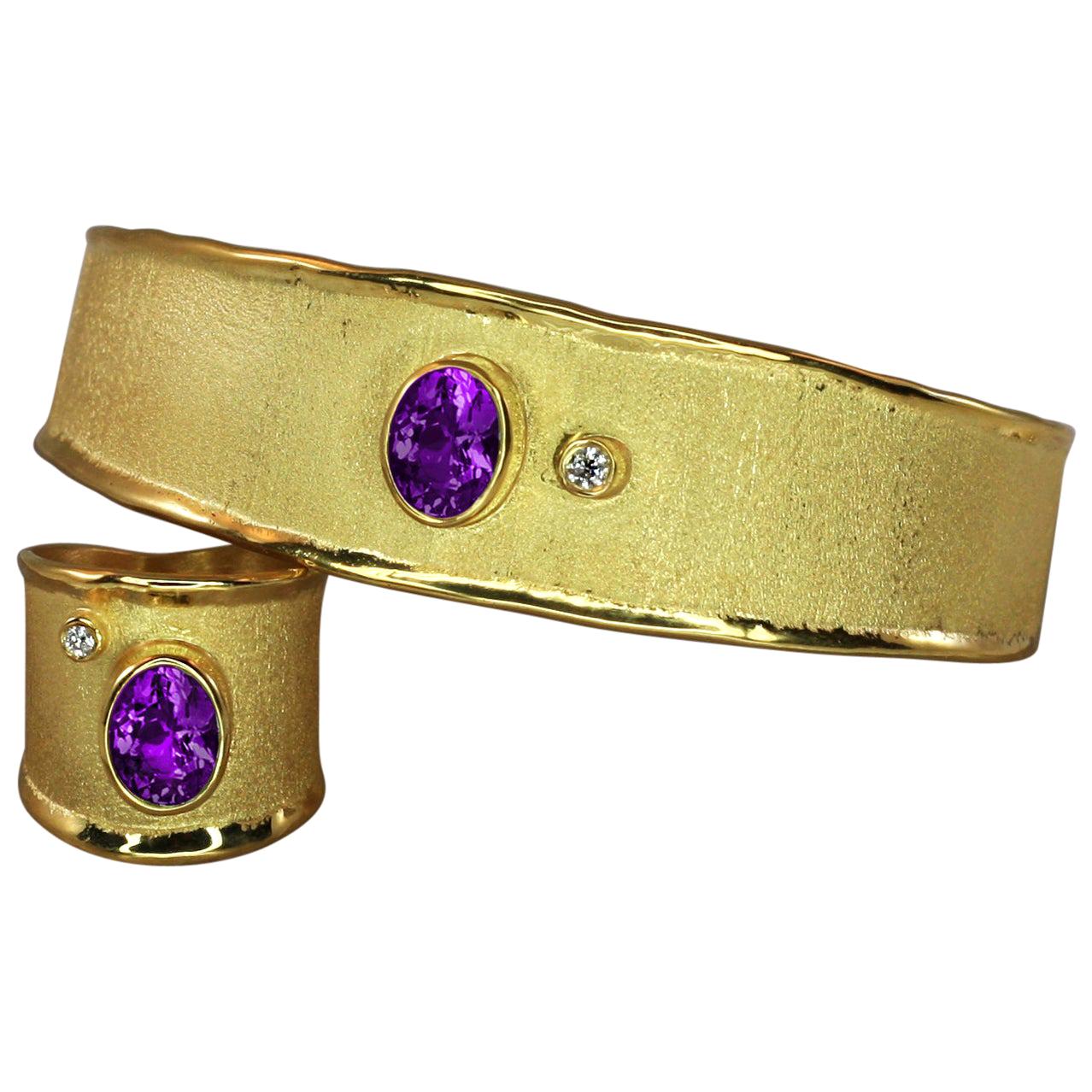 Yianni Creations 18 Karat Solid Gold Diamond Bracelet and Ring Set with Amethyst