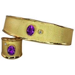 Yianni Creations 18 Karat Solid Gold Diamond Bracelet and Ring Set with Amethyst