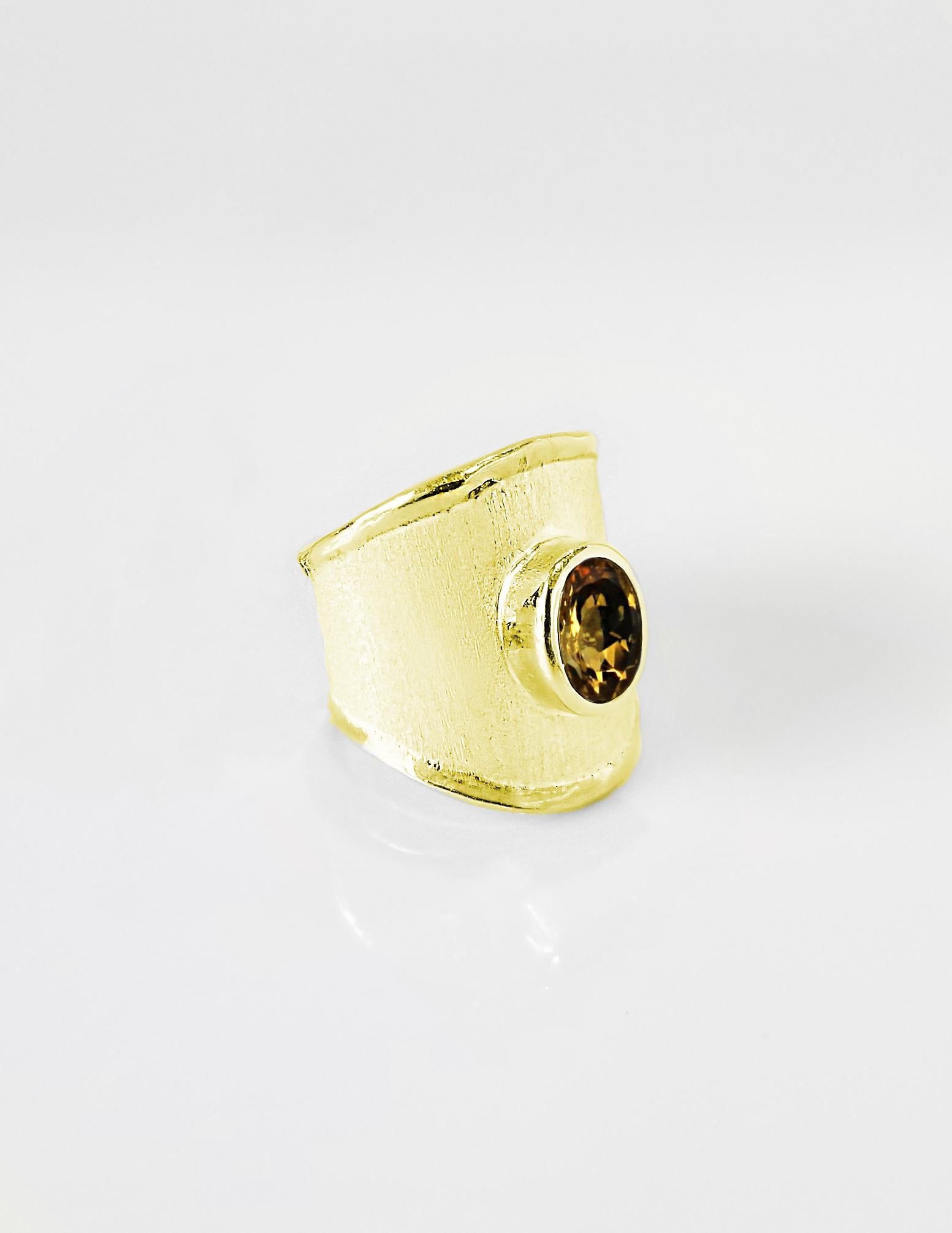 Contemporary Yianni Creations 18 Karat Yellow Gold Wide Band Ring with a Oval Citrine