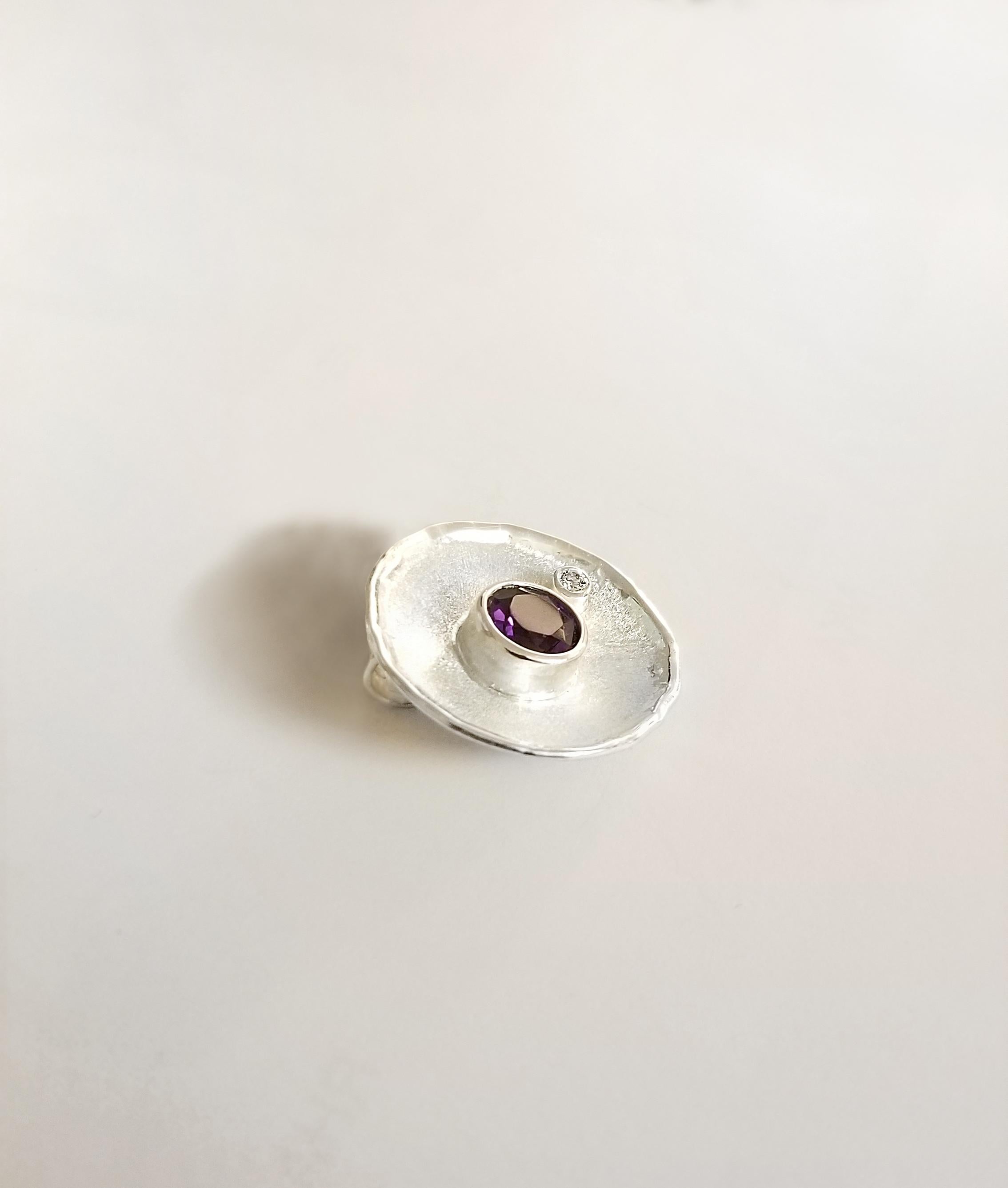 Women's Yianni Creations Amethyst and White Diamond Fine Silver Palladium Round Pendant For Sale