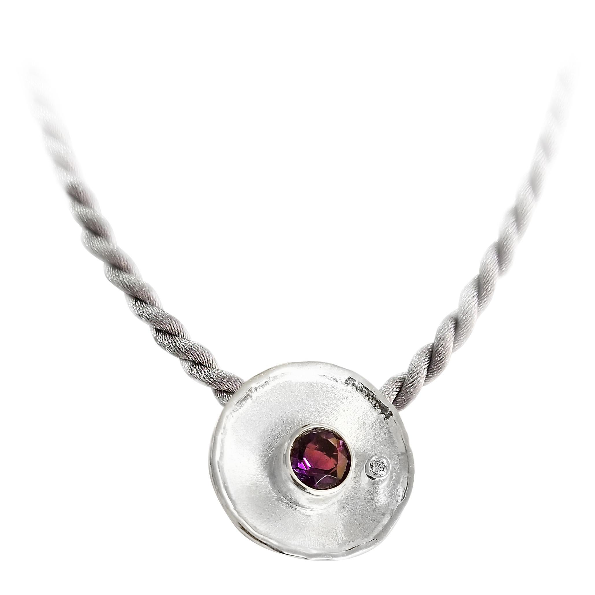 Yianni Creations Amethyst and White Diamond Fine Silver Palladium Round Pendant For Sale