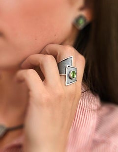 Yianni Creations Peridot and Diamond Fine Silver and Black Rhodium Wide Ring