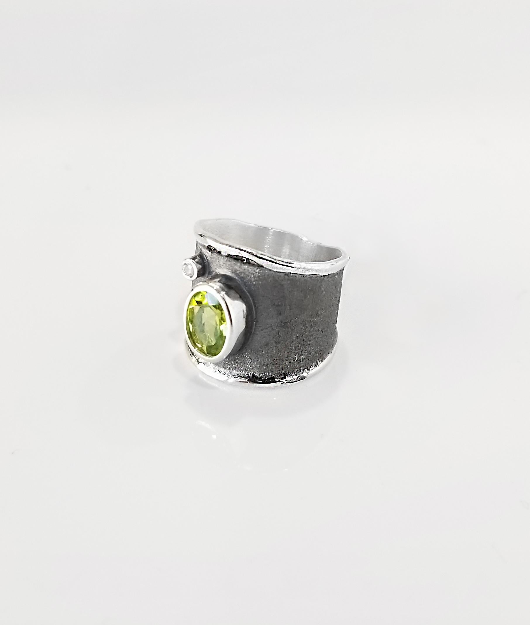 Oval Cut Yianni Creations Peridot and Diamond Fine Silver Black Rhodium Wide Band Ring For Sale