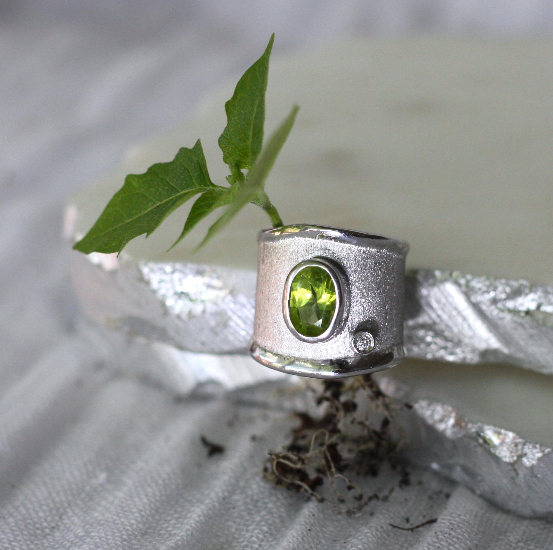 Yianni Creations Peridot and White Diamond in Fine Silver Wide Band Ring For Sale 6
