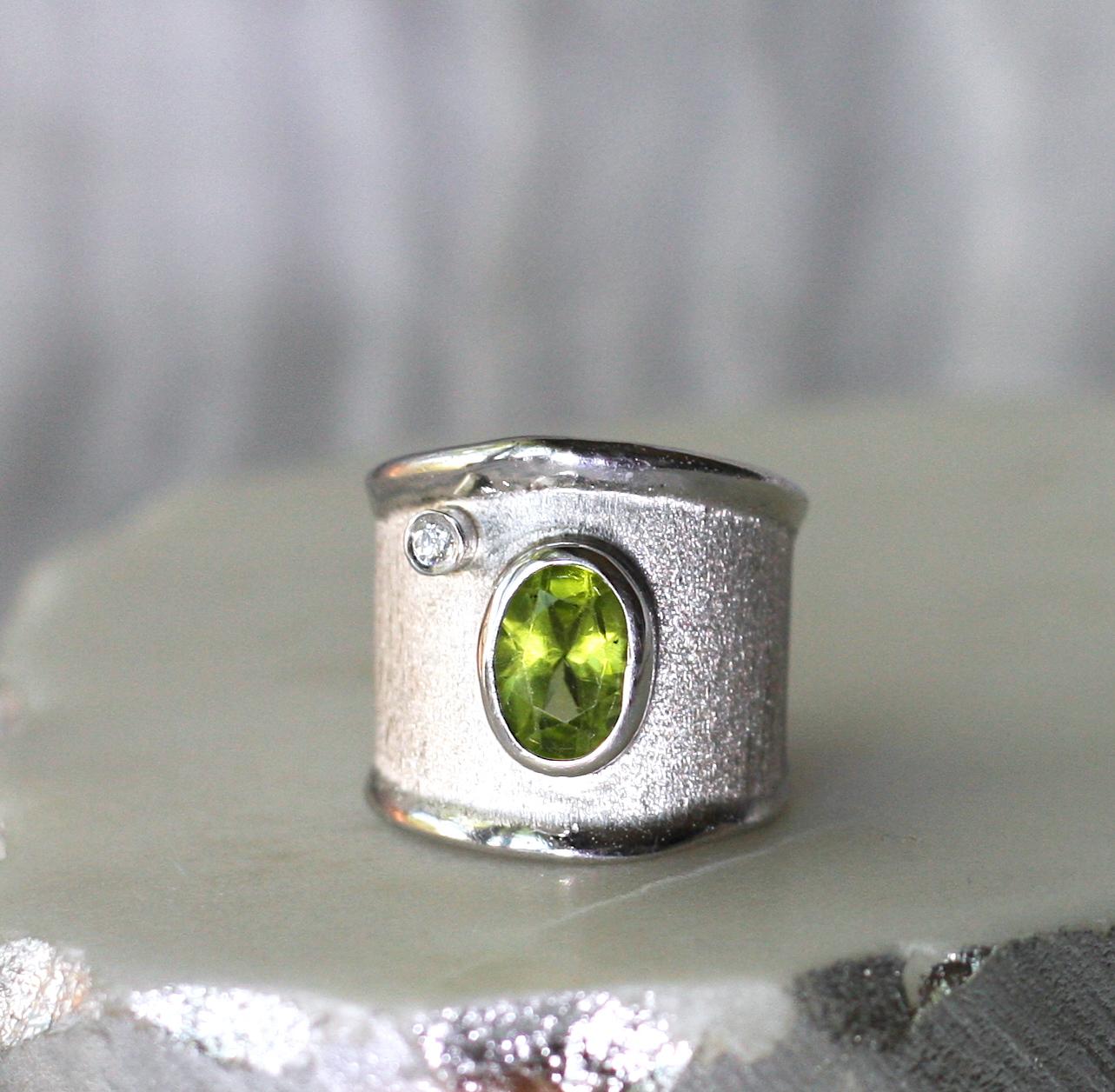 Yianni Creations Peridot and White Diamond in Fine Silver Wide Band Ring For Sale 5