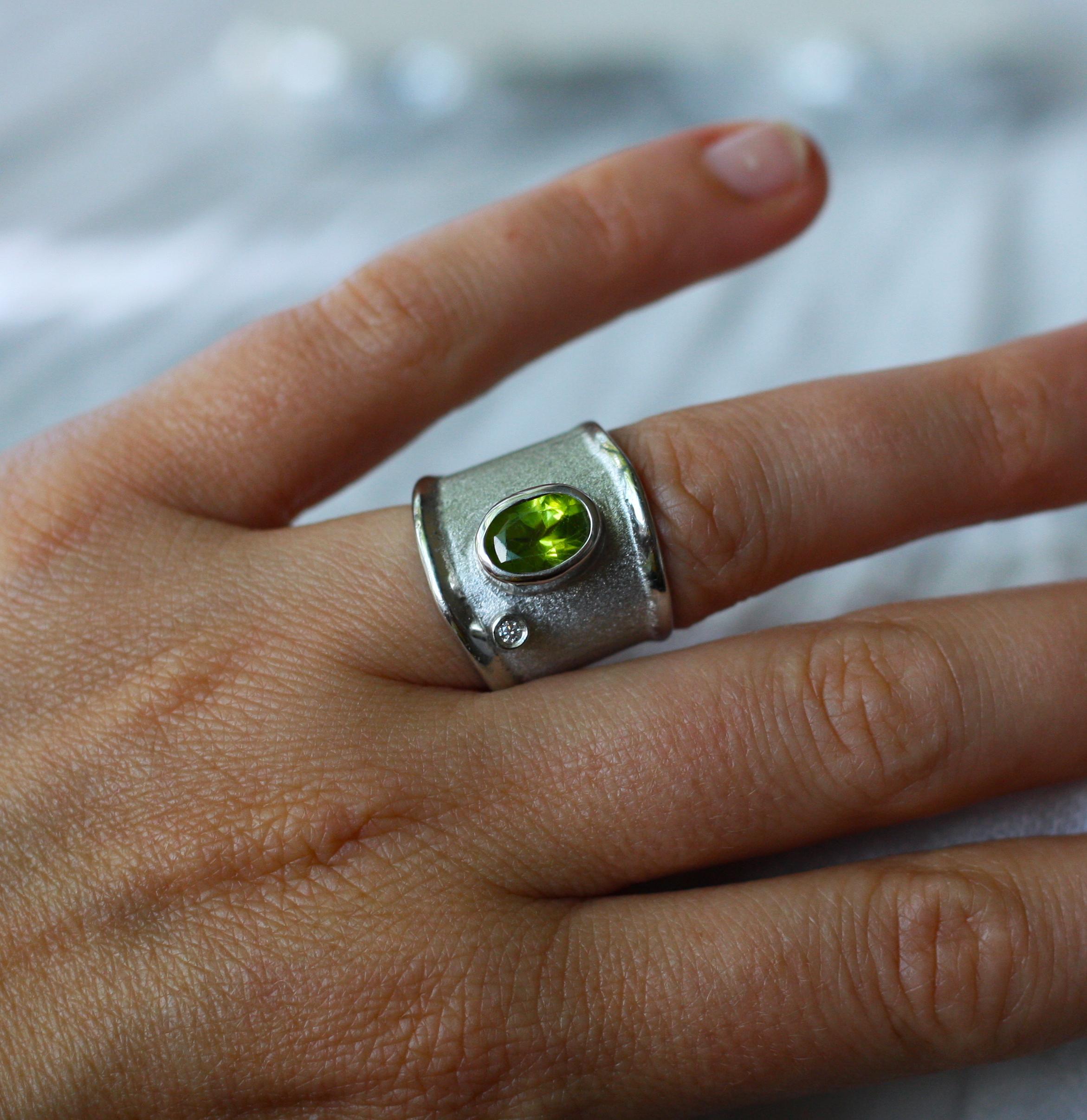 Yianni Creations Peridot and White Diamond in Fine Silver Wide Band Ring For Sale 8