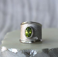 Yianni Creations Peridot and White Diamond in Fine Silver Wide Band Ring