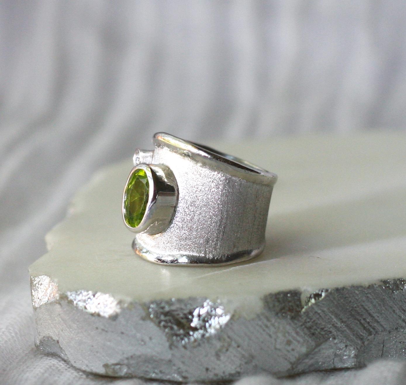 Women's or Men's Yianni Creations Peridot and White Diamond in Fine Silver Wide Band Ring For Sale