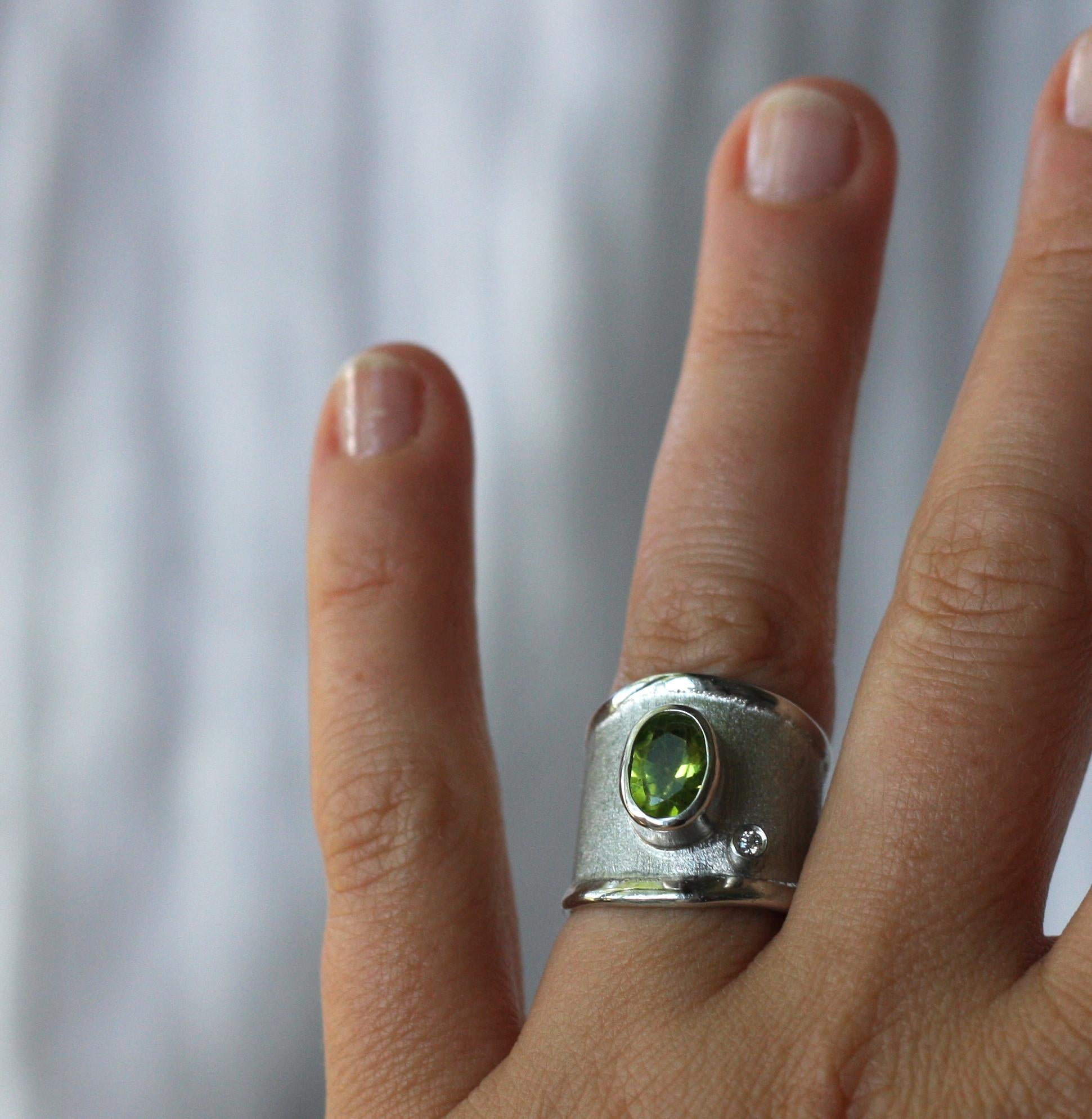 Yianni Creations Peridot and White Diamond in Fine Silver Wide Band Ring For Sale 2