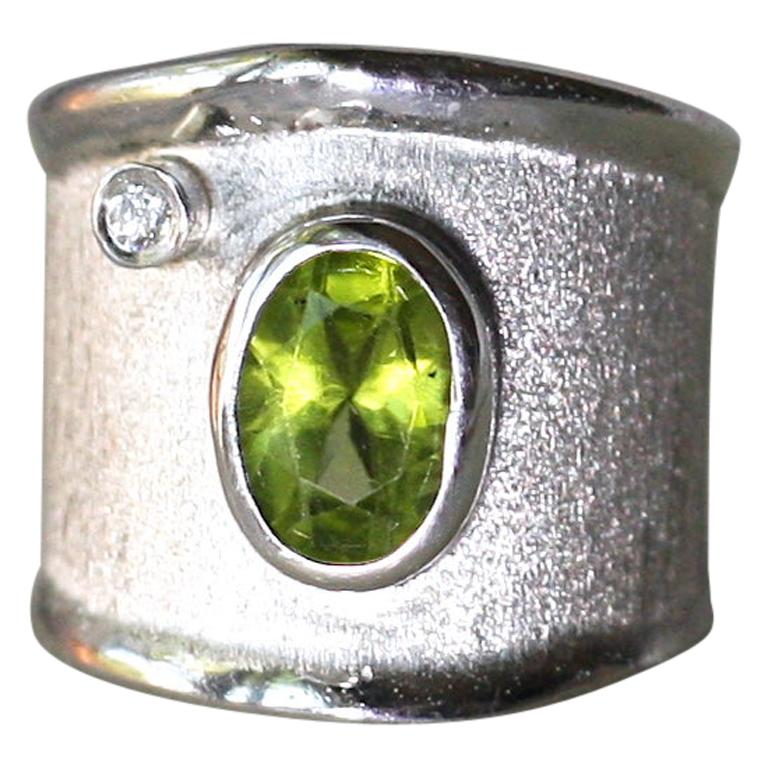 Yianni Creations Peridot and White Diamond in Fine Silver Wide Band Ring For Sale