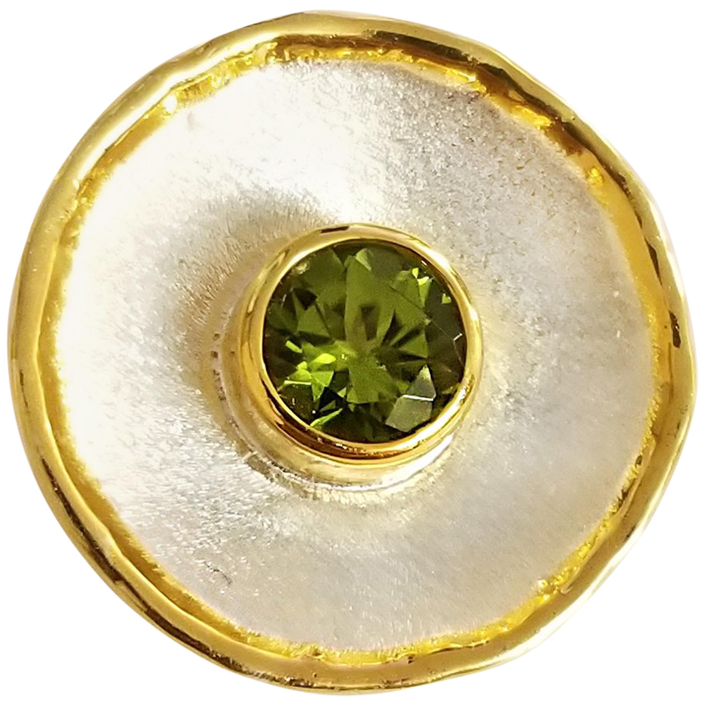 Yianni Creations Midas Collection 100% Handmade Artisan Pendant from Fine Silver with a layover of 24 Karat Yellow Gold features 2.00 Carat Round Cut Peridot complemented by unique techniques of craftsmanship - brushed texture and nature-inspired