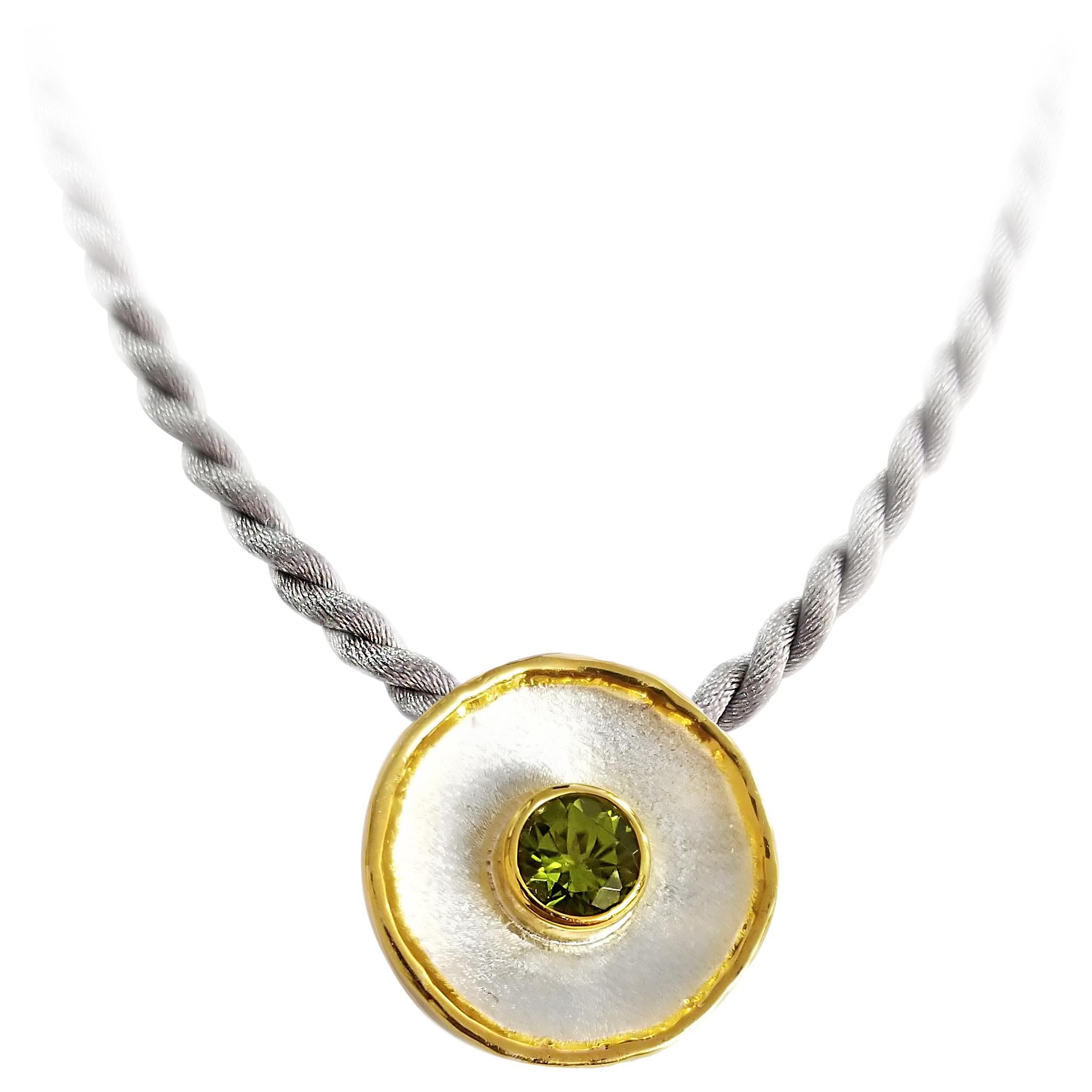 Yianni Creations 2.00 Carat Peridot Fine Silver and 24 Karat Gold Round Pendant