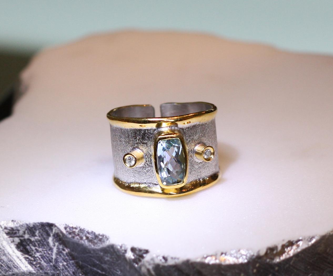 Contemporary Yianni Creations 2.20 Carat Aquamarine Diamond Fine Silver 24 Karat Gold Ring
