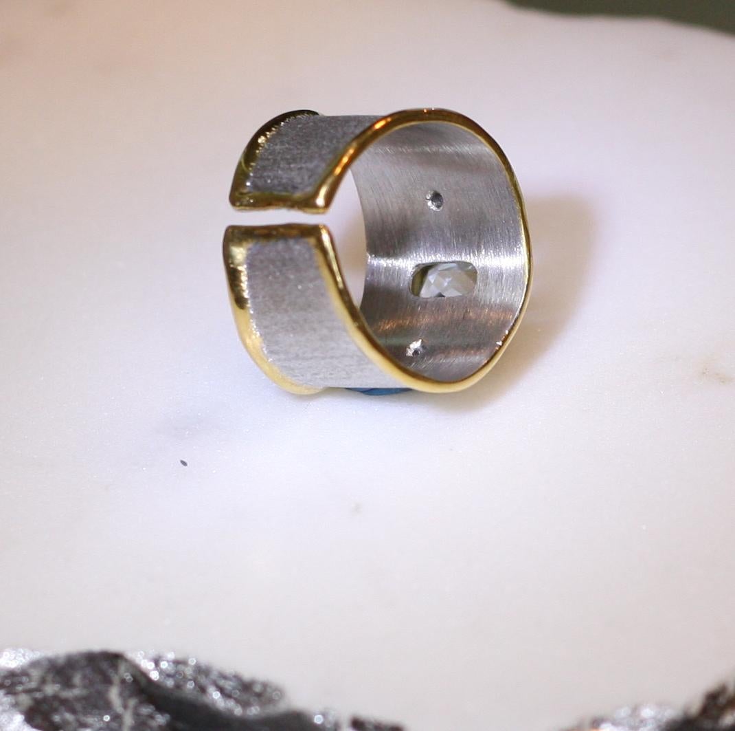 Yianni Creations 2.20 Carat Aquamarine Diamond Fine Silver 24 Karat Gold Ring In New Condition In Astoria, NY