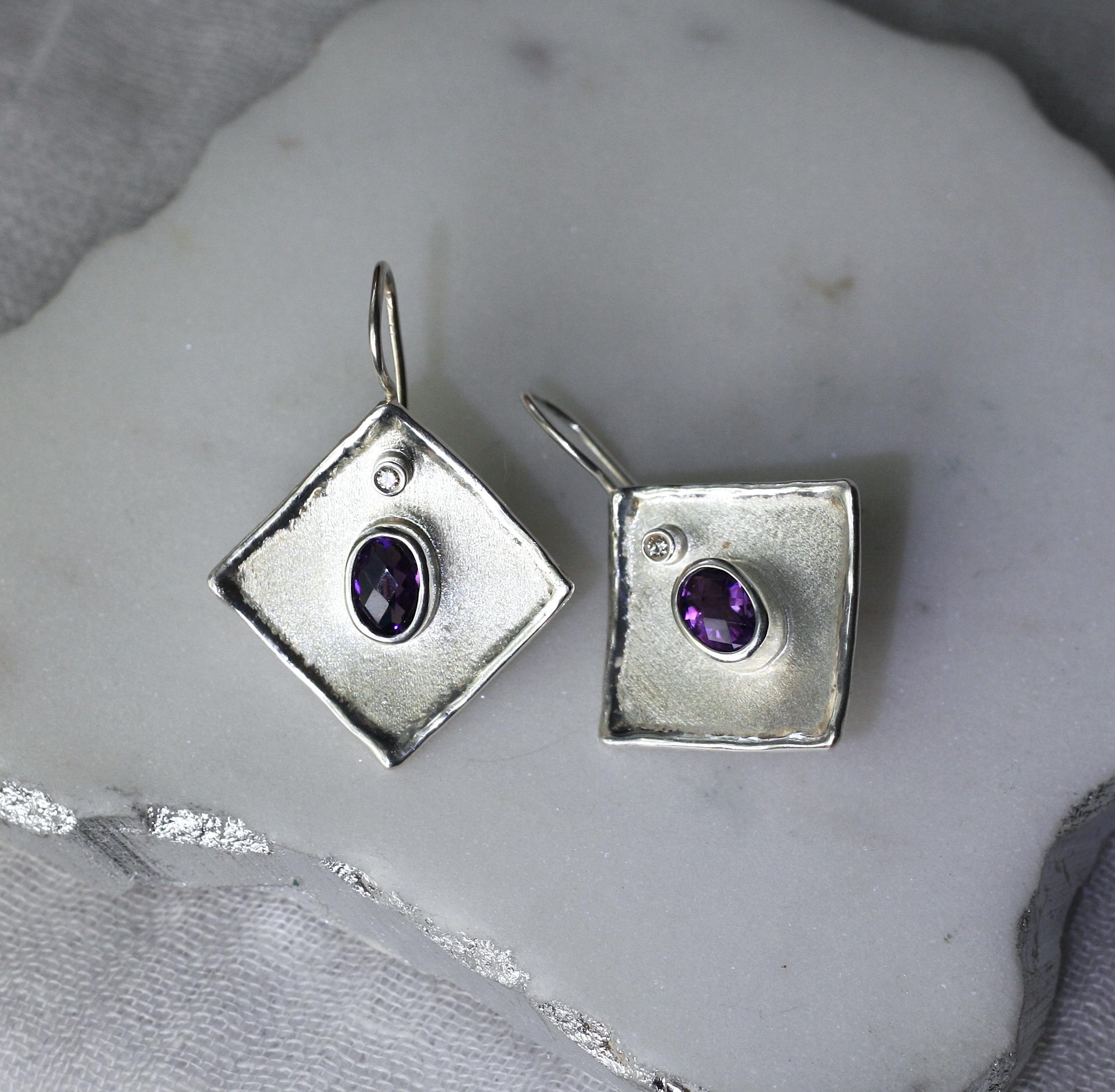 Yianni Creations Amethyst White Diamond Fine Silver Palladium Dangle Earrings In New Condition For Sale In Astoria, NY
