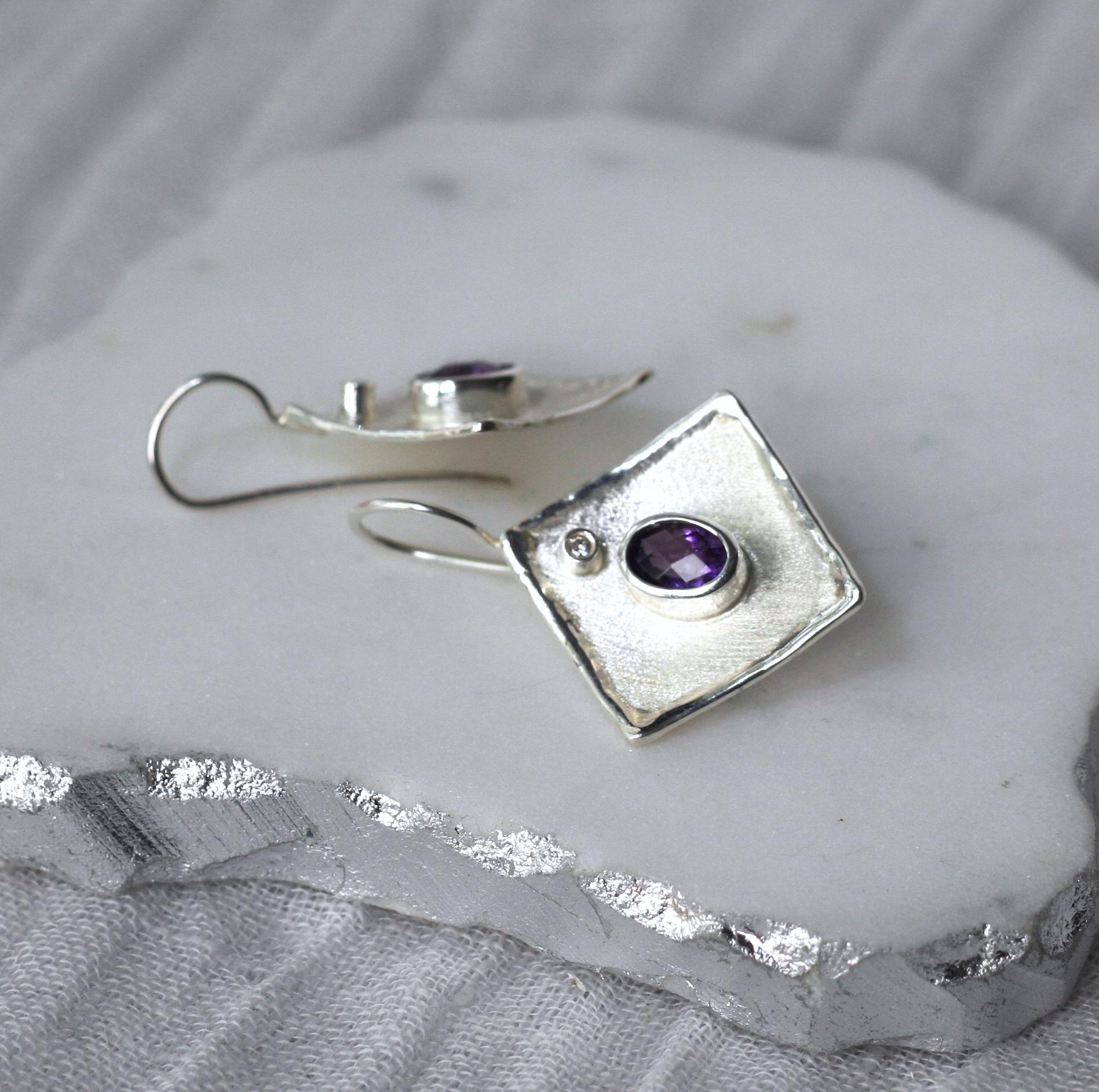 Women's Yianni Creations Amethyst White Diamond Fine Silver Palladium Dangle Earrings For Sale