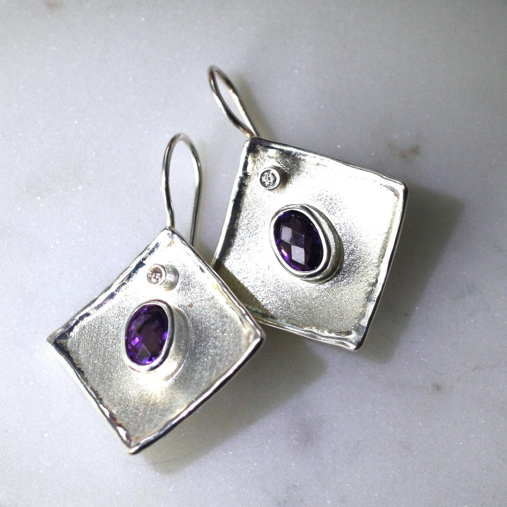 Yianni Creations Amethyst White Diamond Fine Silver Palladium Dangle Earrings For Sale 3