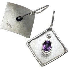 Yianni Creations Amethyst White Diamond Fine Silver Palladium Dangle Earrings