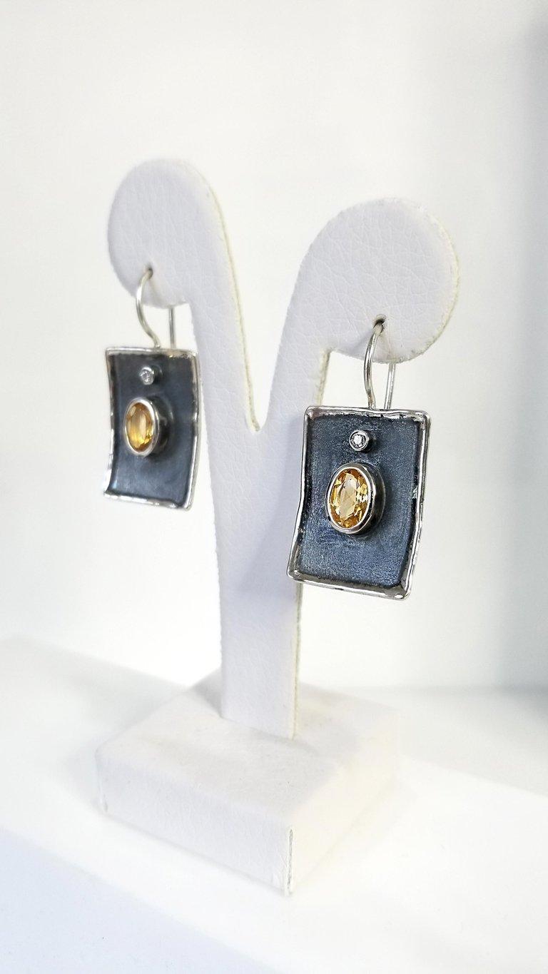 Contemporary Yianni Creations Citrine and White Diamond Fine Silver Black Rhodium Earrings For Sale