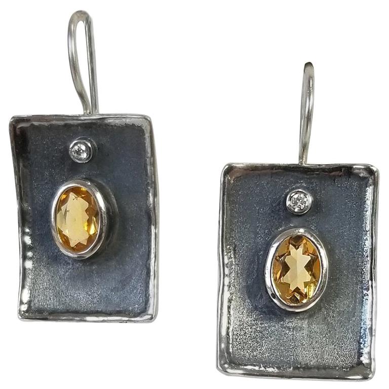 Yianni Creations Citrine and White Diamond Fine Silver Black Rhodium Earrings For Sale