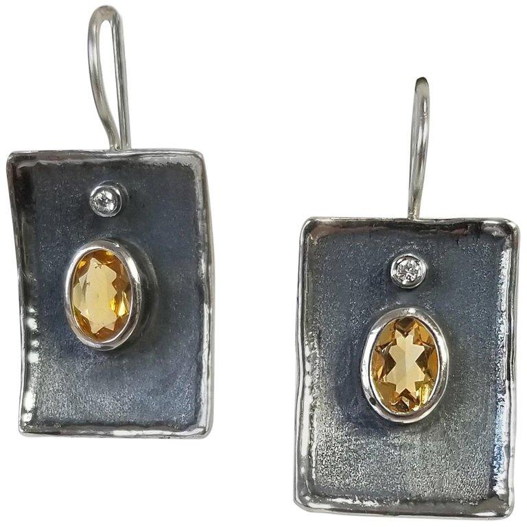 Yianni Creations 2.50 Carat Citrine and Diamond Fine Silver Rhodium Earrings