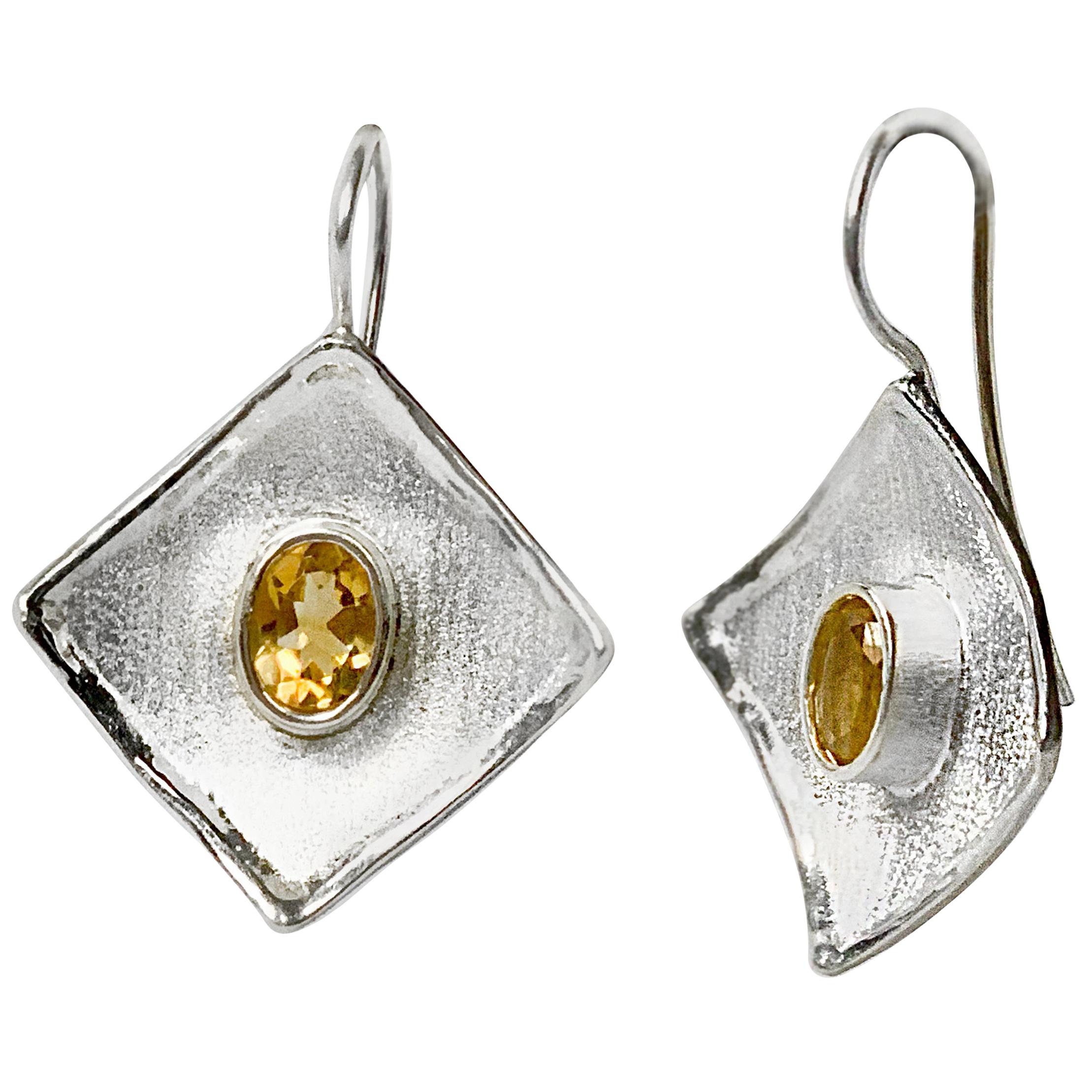 Yianni Creations Boucles d'oreilles pendantes géométriques en argent fin et palladium avec citrine