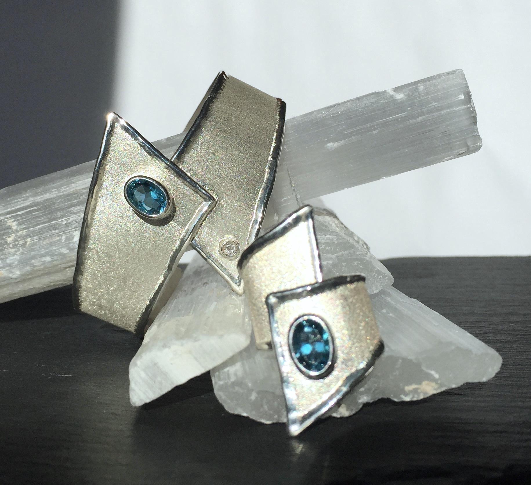 Yianni Creations London Blue Topaz Diamond Fine Silver Palladium Bangle Bracelet For Sale 1