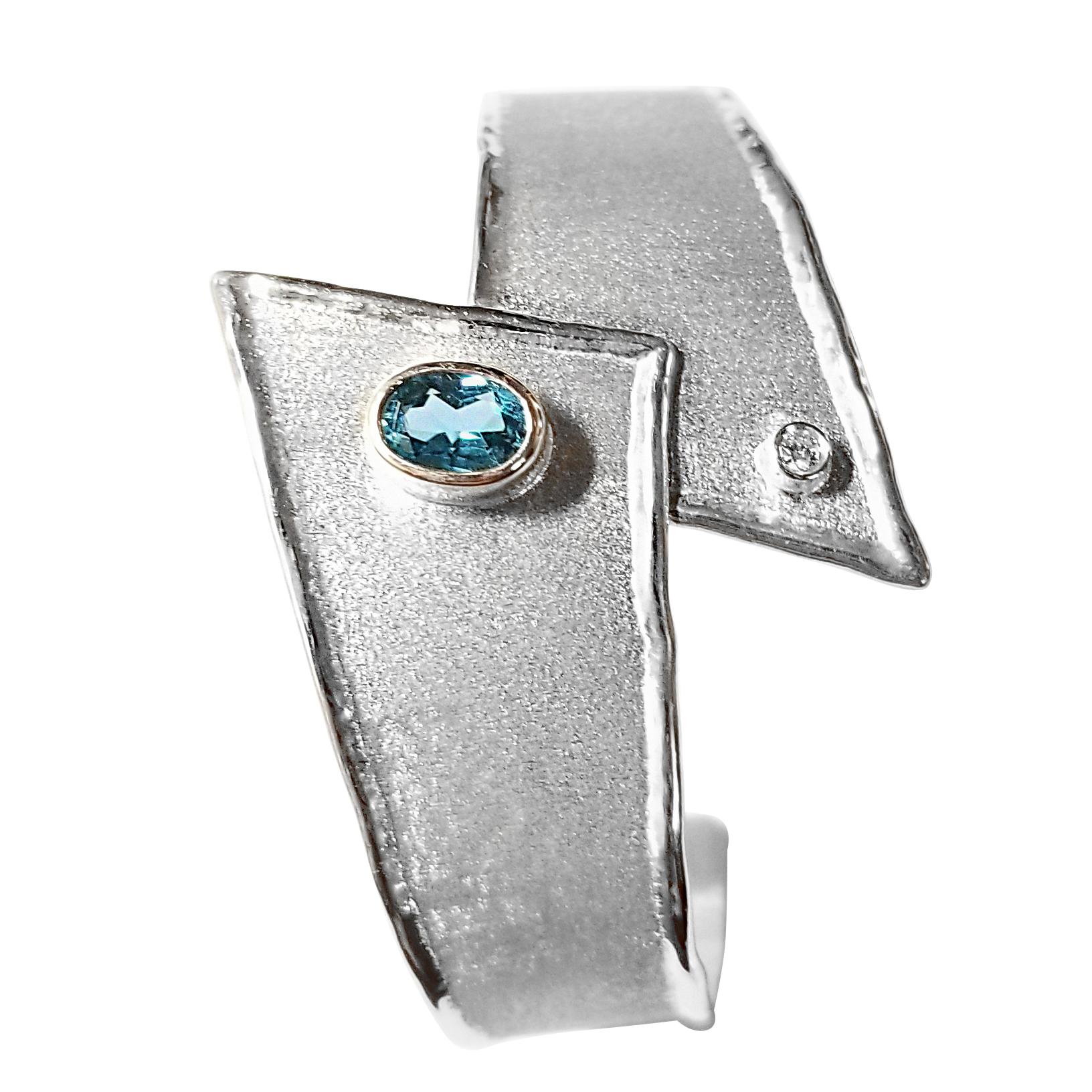 Yianni Creations London Blue Topaz Diamond Fine Silver Palladium Bangle Bracelet For Sale