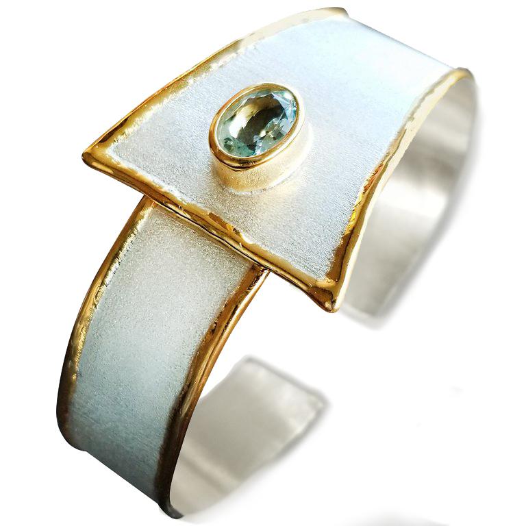 Oval Cut Yianni Creations Aquamarine Fine Silver 24 Karat Gold  Bracelet  and Ring Set