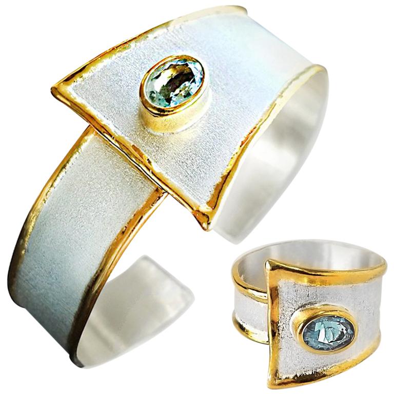 Yianni Creations Aquamarine Fine Silver 24 Karat Gold  Bracelet  and Ring Set
