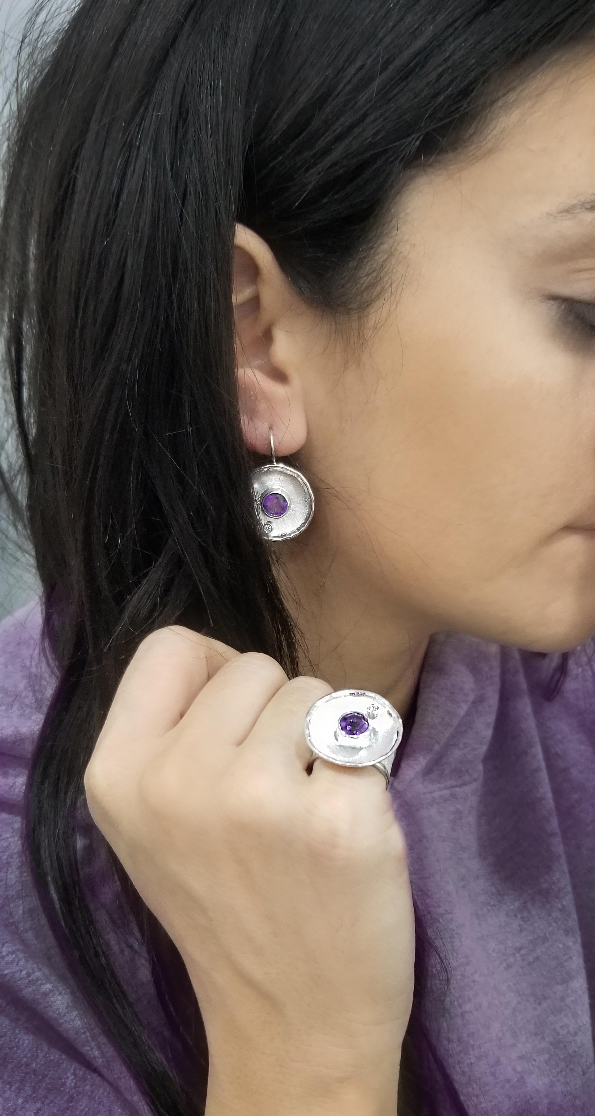 Yianni Creations Amethyst White Diamond Fine Silver Round Palladium Earrings 6