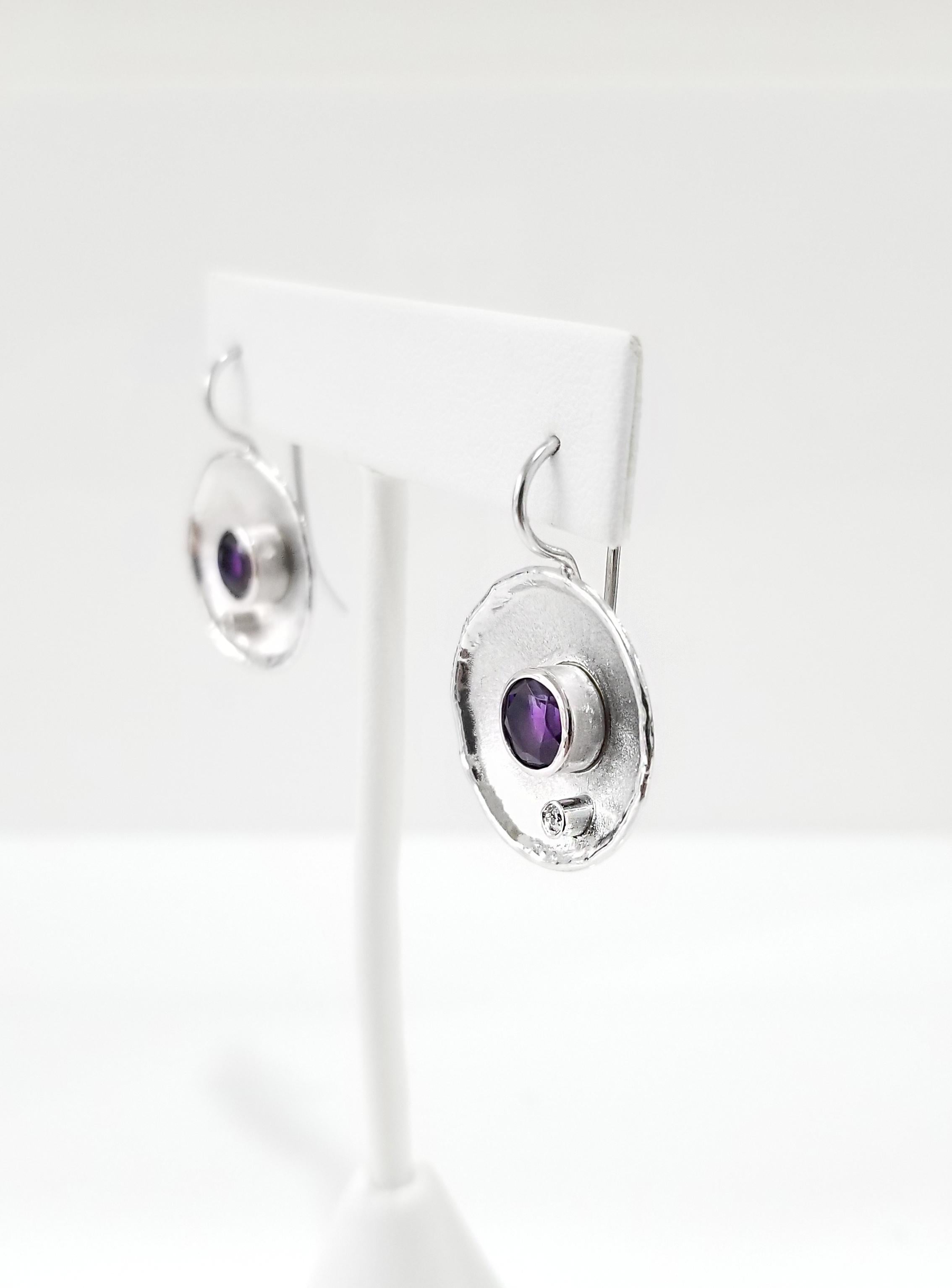 Yianni Creations Amethyst White Diamond Fine Silver Round Palladium Earrings In New Condition In Astoria, NY