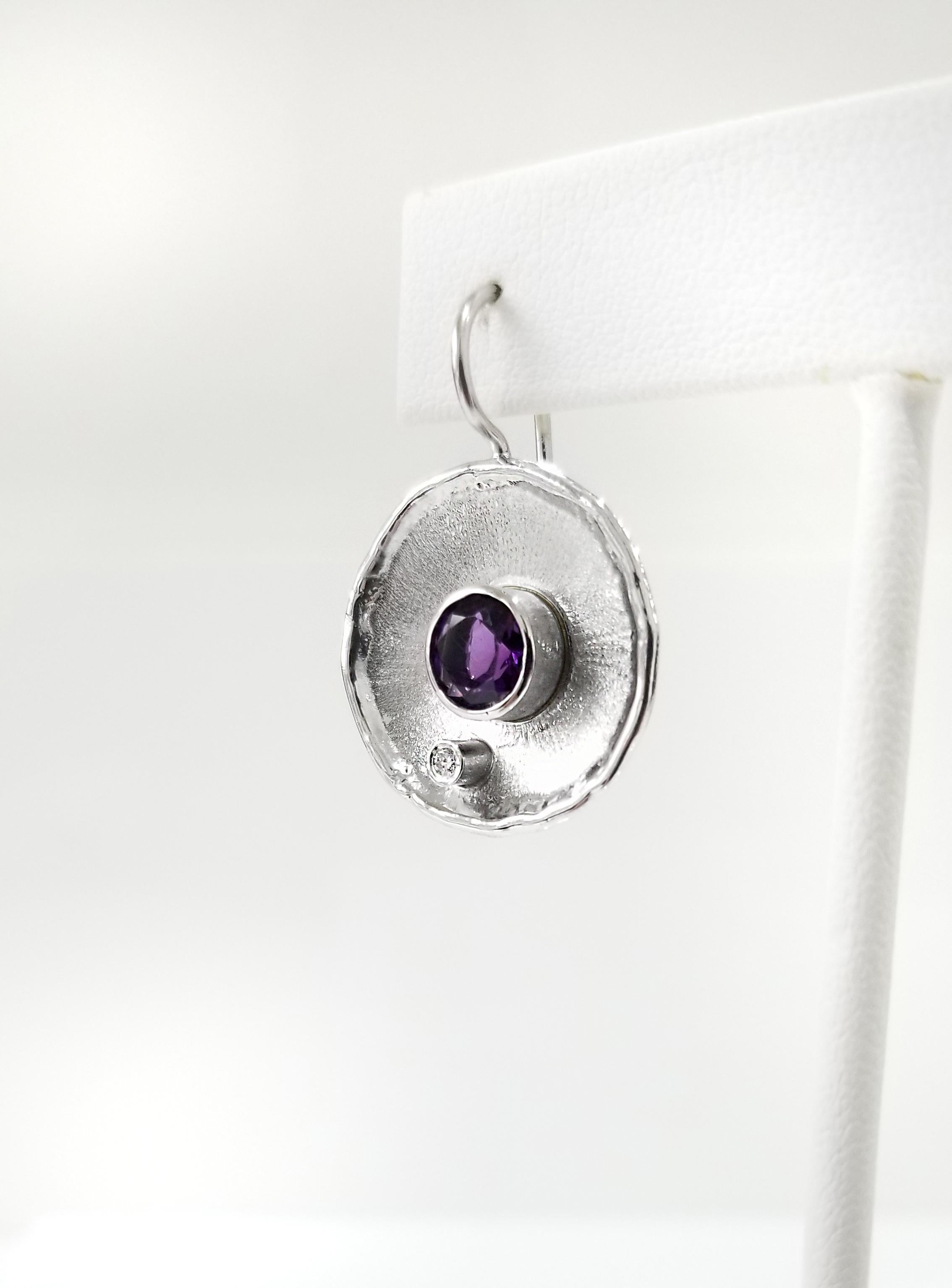 Yianni Creations Amethyst White Diamond Fine Silver Round Palladium Earrings 2