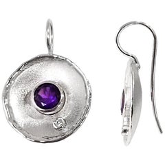 Yianni Creations Amethyst White Diamond Fine Silver Round Palladium Earrings