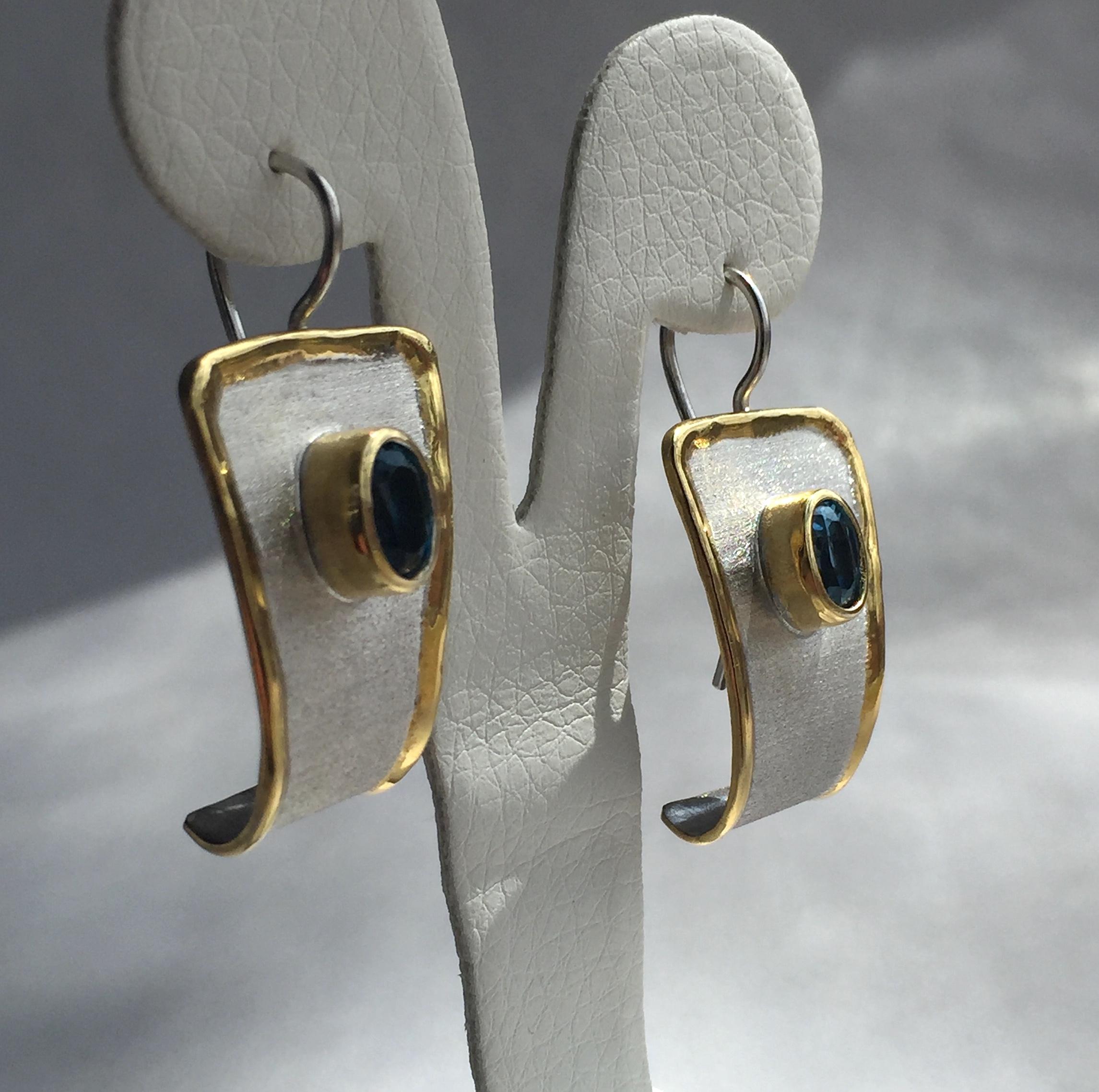 Yianni Creations Blue Topaz and White Diamond Fine Silver Gold Dangle Earrings For Sale 4