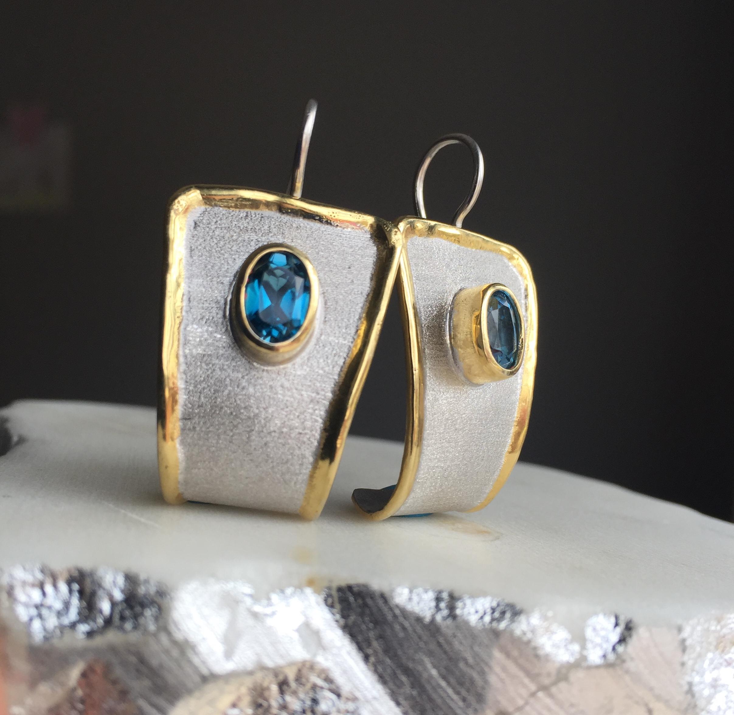 Yianni Creations Blue Topaz and White Diamond Fine Silver Gold Dangle Earrings For Sale 3