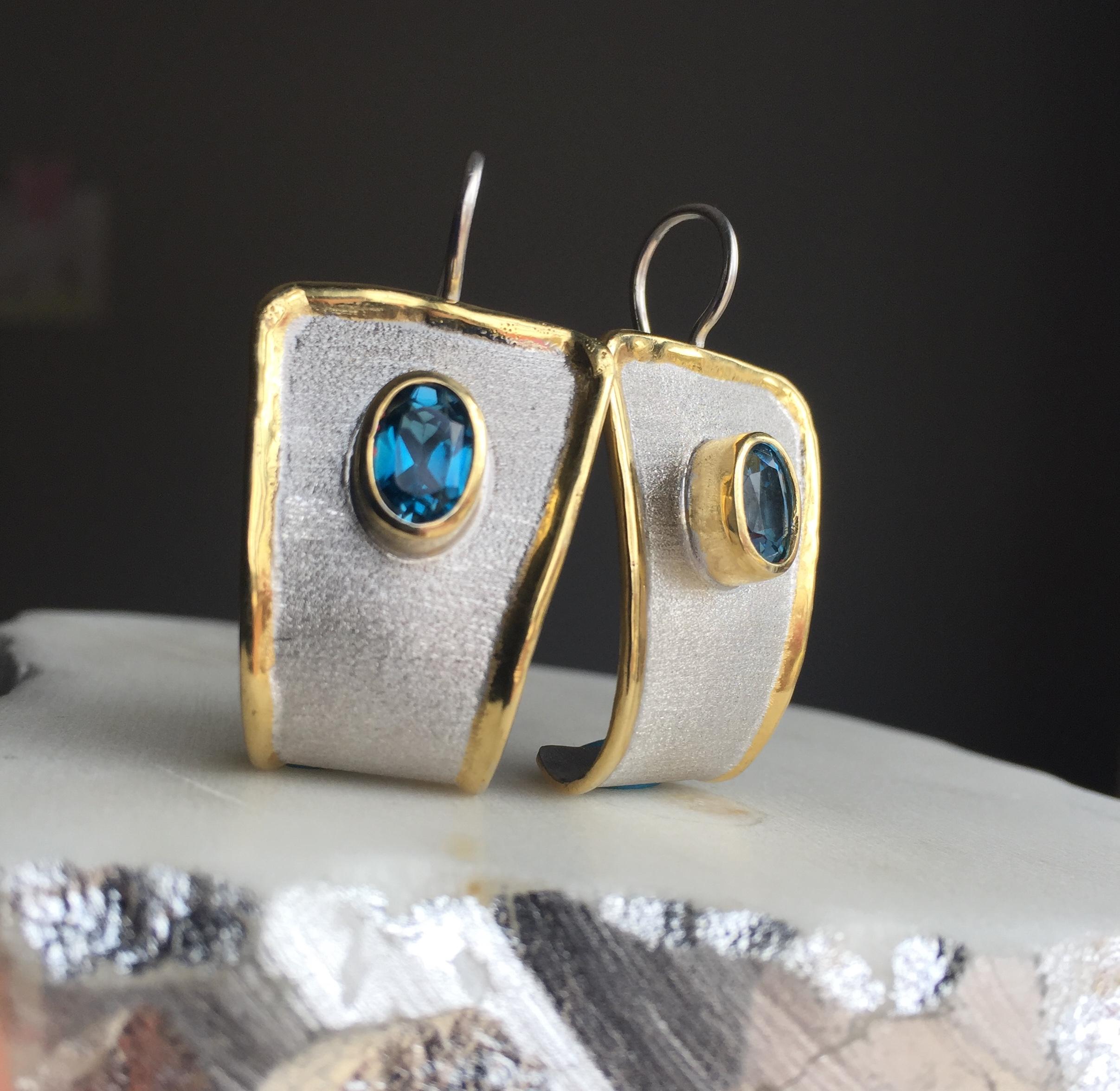 Contemporary Yianni Creations 3.20 Carat Blue Topaz Fine Silver and 24 Karat Dangle Earrings