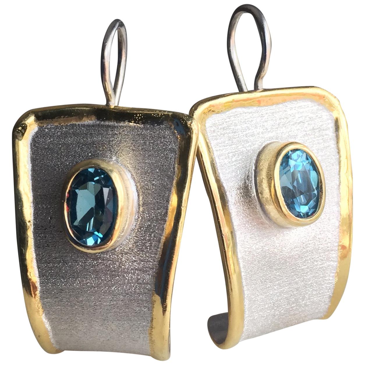 Yianni Creations 3.20 Carat Blue Topaz Fine Silver and 24 Karat Dangle Earrings