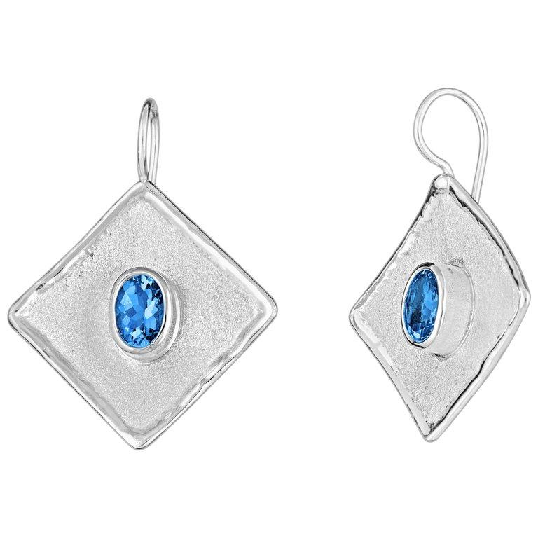 Yianni Creations Oval London Blue Topaz Fine Silver Palladium Dangle Earrings For Sale