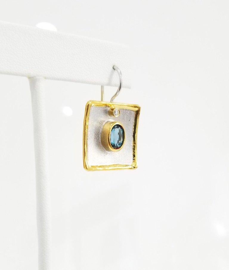 Oval Cut Yianni Creations 3.20 Carat Topaz and Diamond Fine Silver 24 Karat Gold Earrings