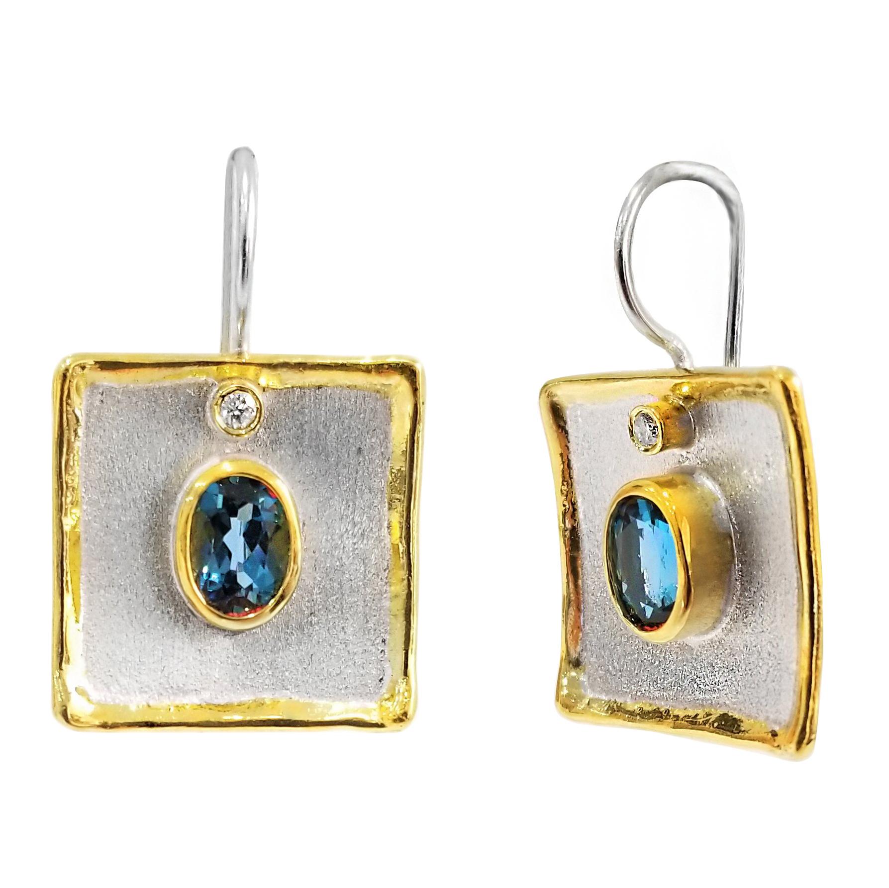 Yianni Creations 3.20 Carat Topaz and Diamond Fine Silver 24 Karat Gold Earrings