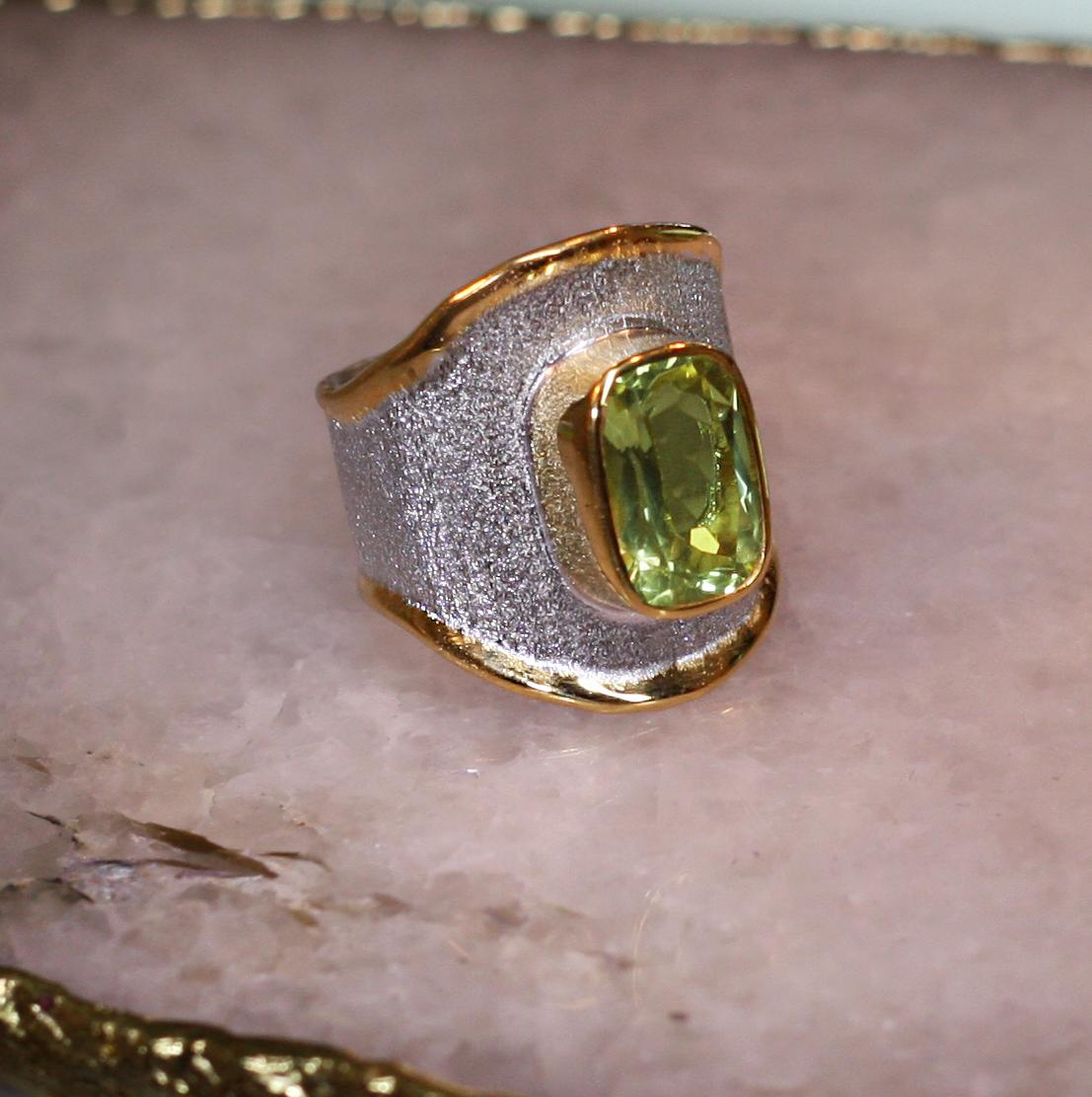 Oval Cut Yianni Creations 4.55 Carat Peridot Fine Silver and 24 Karat Gold Ring