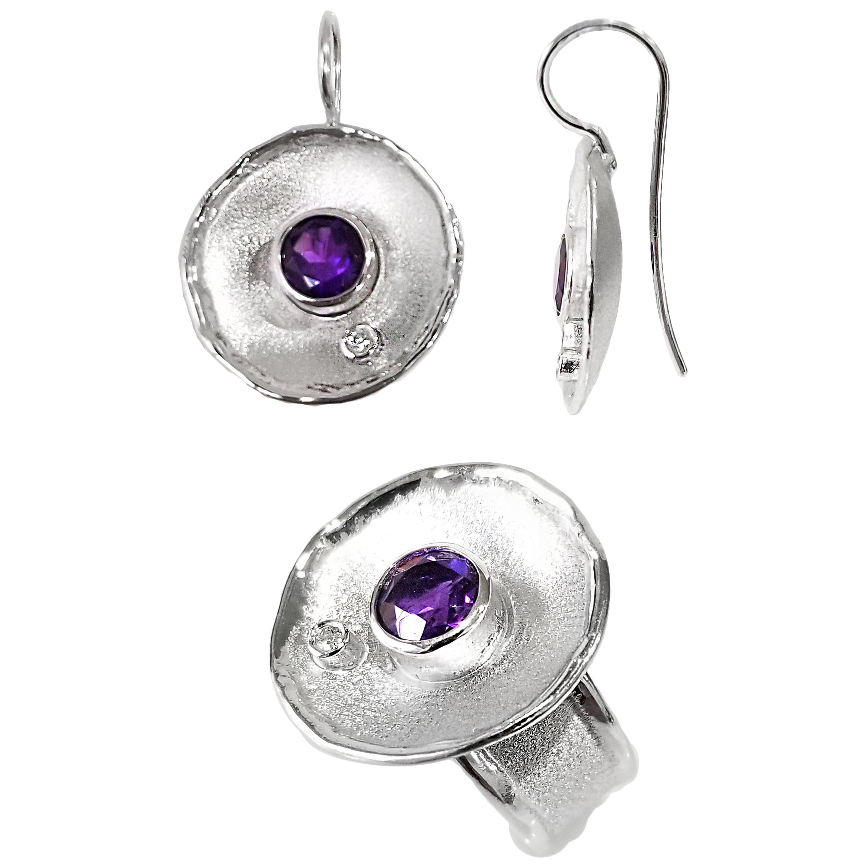 Yianni Creations 4.90 Carat Amethyst Diamond Set of Silver Earrings and Ring