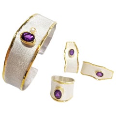 Yianni Creations 5.00 Carat Amethyst Diamond Fine Silver 24 Karat Gold Set