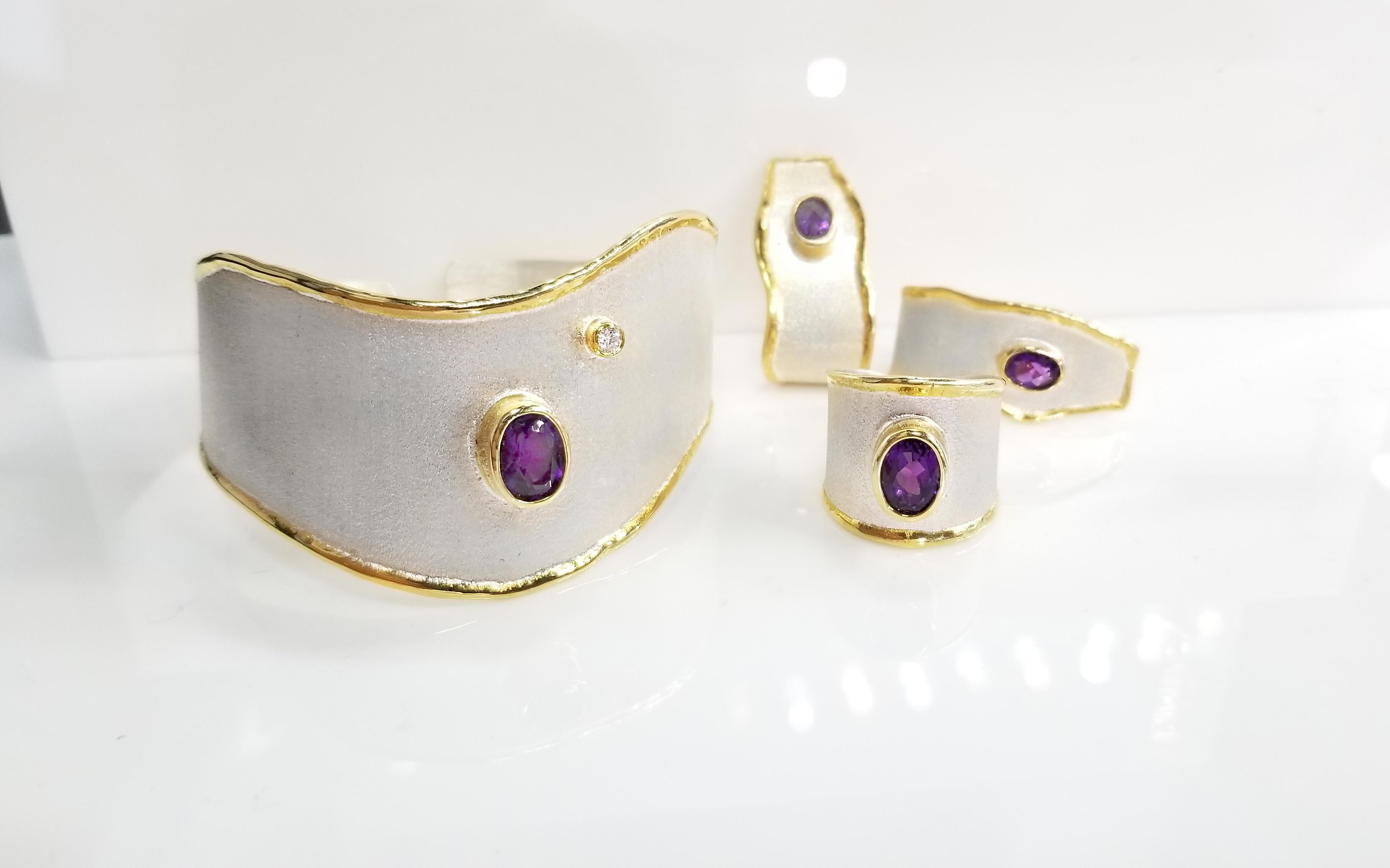 Contemporary Yianni Creations 5.50 Carat Amethyst Diamond Fine Silver 24 Karat Gold Set For Sale