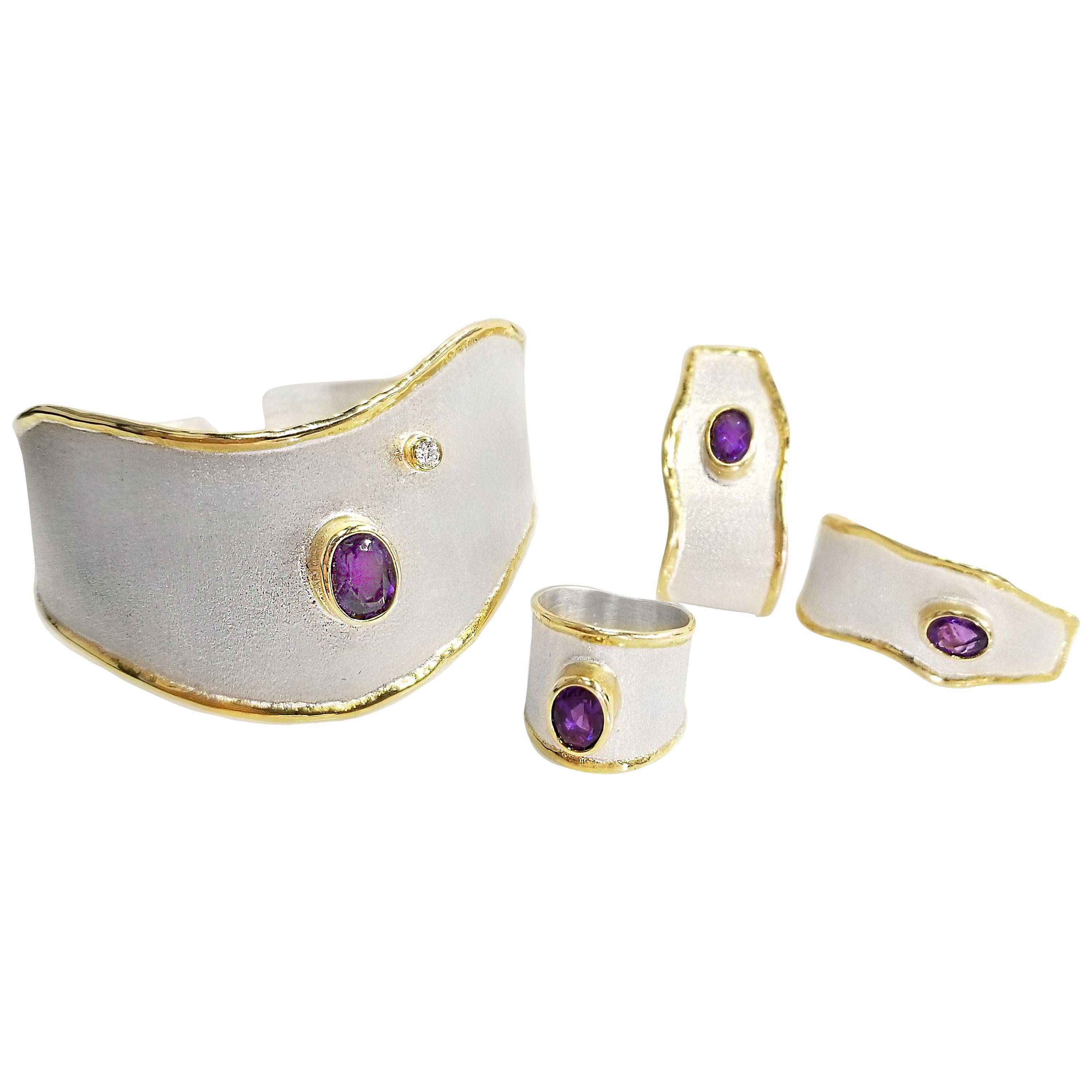 Yianni Creations 5.50 Carat Amethyst Diamond Fine Silver 24 Karat Gold Set