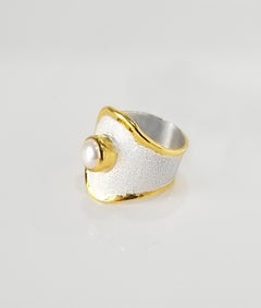 Yianni Creations Pearl Fine Silver and 24 Karat Gold Handmade Wide Band Ring